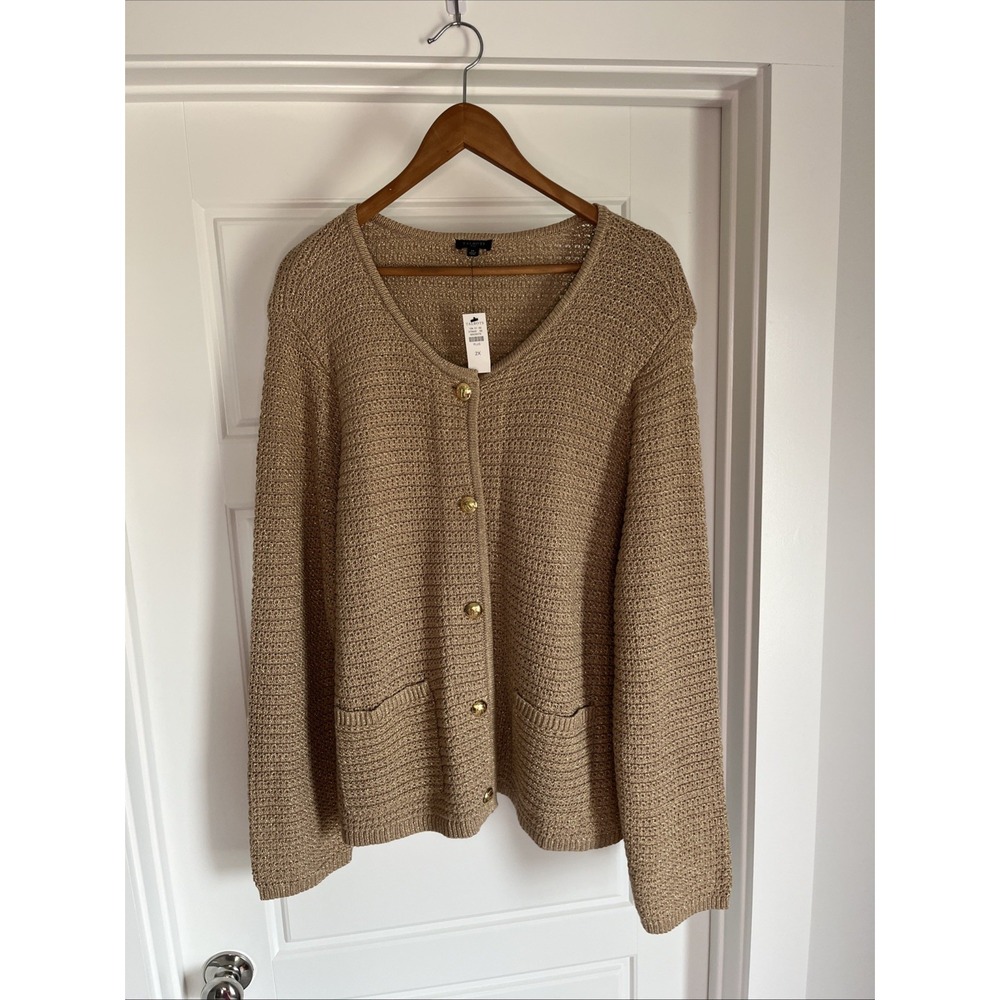 Talbots Kate Cardigan Sweater Beige Gold Button Metallic Front Pocket 2X New